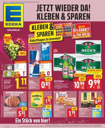 Edeka Prospekt ab 12.10.2026 (KW 42) Edeka Prospekt ab 12.10.2026 Seite 1 mit Tafeltrauben, Red Bull Energydrink, Beck's Pilsener, Hackepeter & Leerdammer