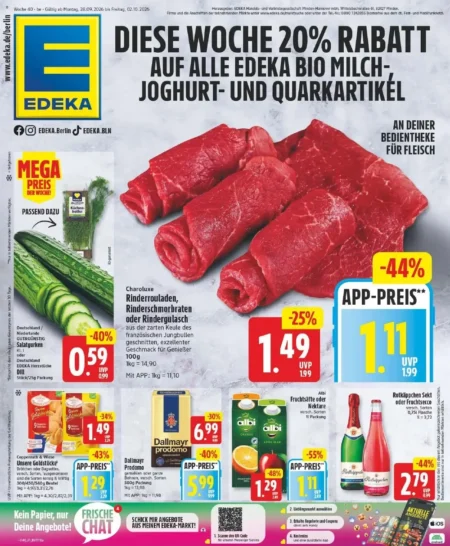 Edeka Prospekt ab 28.09.2026 (KW 40) Edeka Prospekt ab 28.09.2026 Seite 1 mit Rinderrouladen, Salatgurken, Brötchen, Dallmayr Kaffee, Albi Saft und Rotkäppchen Sekt.