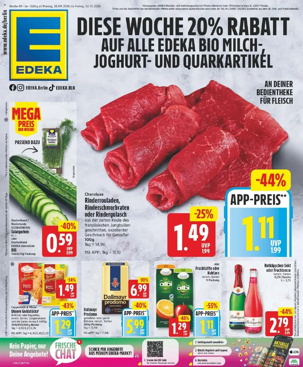 Edeka Prospekt ab 28.09.2026 Seite 1 mit Rinderrouladen, Salatgurken, Brötchen, Dallmayr Kaffee, Albi Saft und Rotkäppchen Sekt.