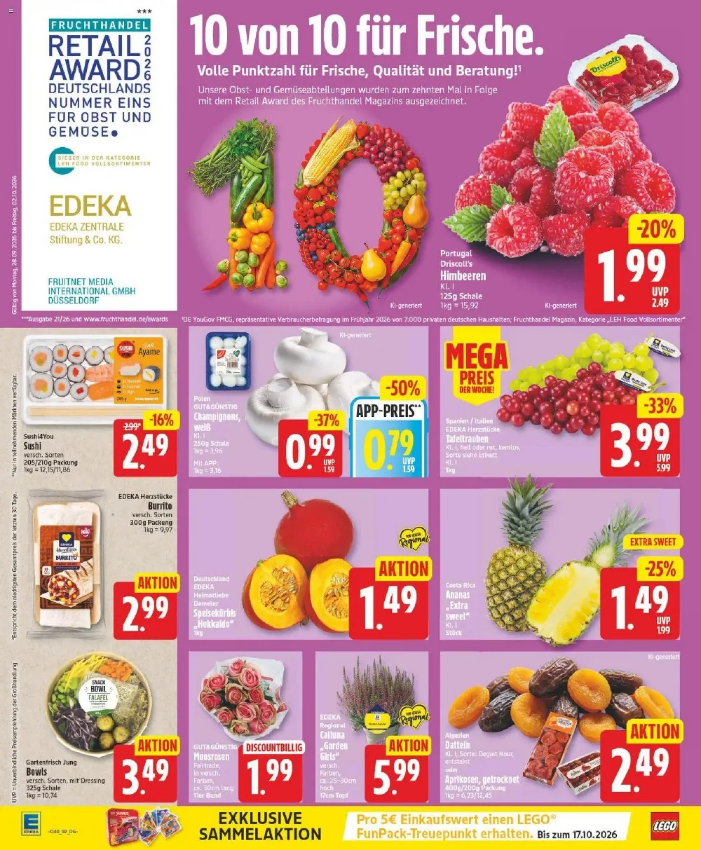 Edeka Prospekt KW 40 Seite 2 mit Himbeeren, Champignons, Trauben, Sushi, Kürbis, Ananas, Schnittblumen und Trockenfrüchten.