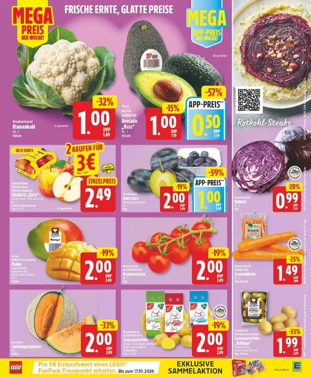 Edeka Prospekt KW 40 Seite 3 mit Blumenkohl, Avocado, Äpfeln, Zwetschgen, Rotkohl, Mango, Tomaten, Möhren und Kartoffeln.
