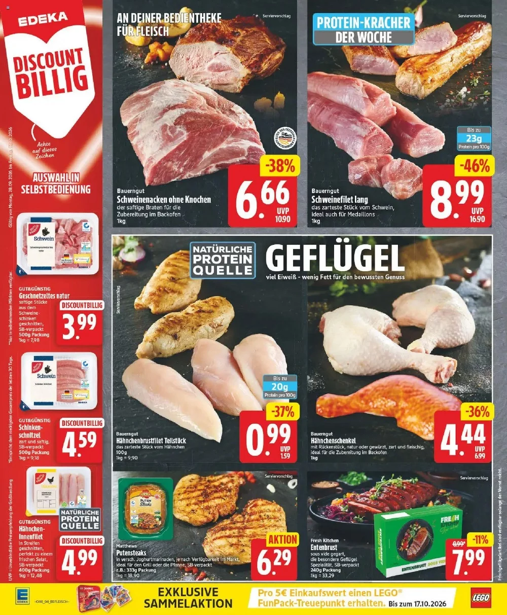 Edeka Prospekt KW 40 Seite 4 mit Schweinenacken, Schweinefilet, Geschnetzeltem, Hähnchenbrust, Putensteaks und Entenbrust.