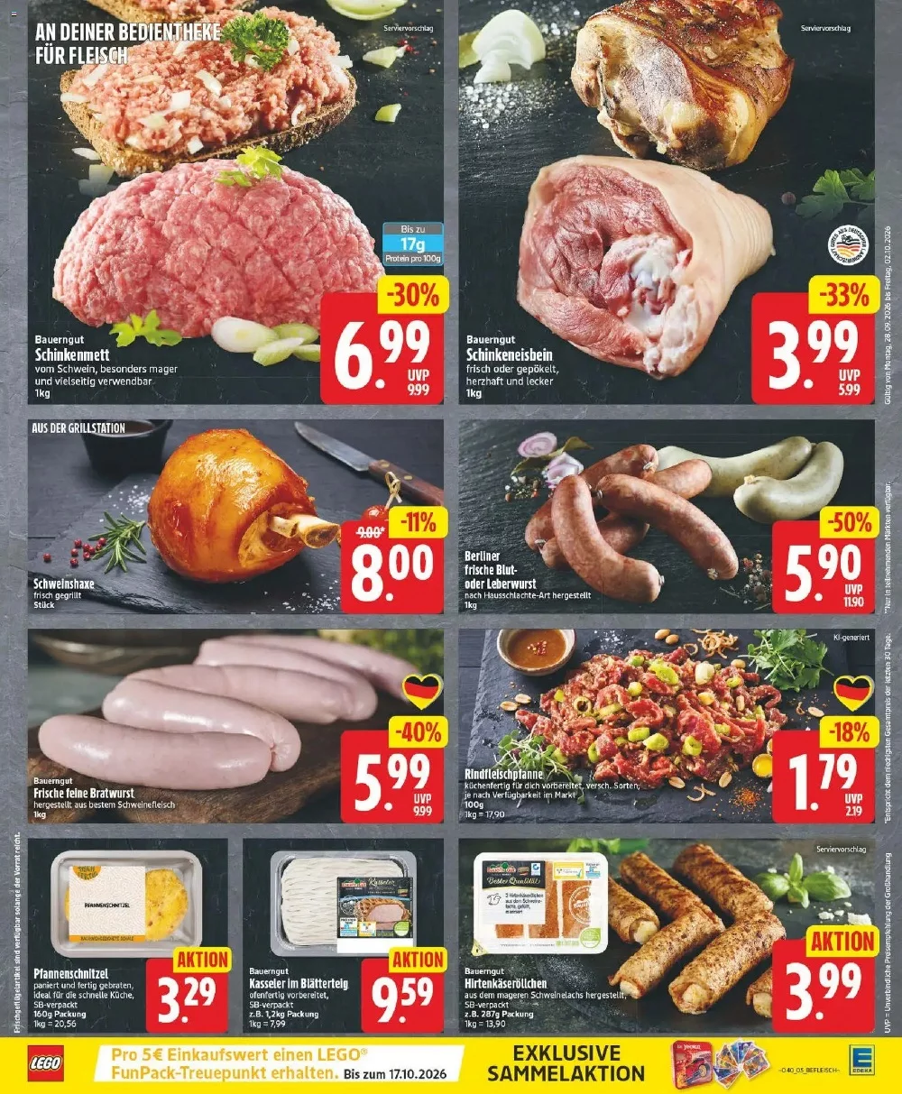 Edeka Prospekt KW 40 Seite 5 mit Schinkenmett, Eisbein, Haxe, Blutwurst, Bratwurst, Pfannenschnitzel und Hirtenkäseröllchen.