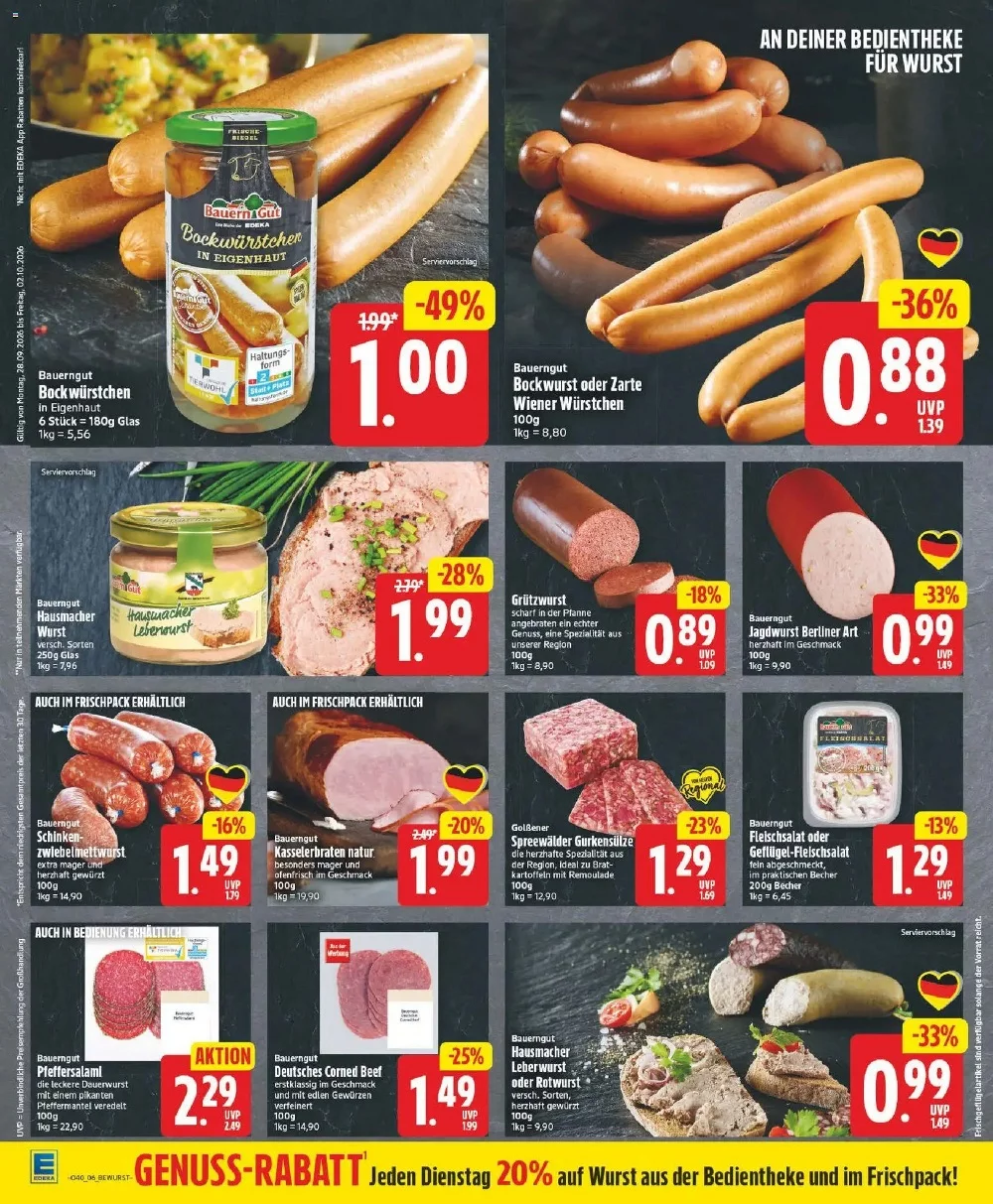 Edeka Prospekt KW 40 Seite 6 mit Bockwurst, Hausmacher Wurst, Jagdwurst, Zwiebelmettwurst, Kasselerbraten und Fleischsalat.