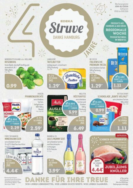 Edeka Struve Prospekt ab 05.10.2026 (KW 41) Edeka Struve Prospekt ab 05.10.2026 Seite 1 mit Landliebe Butter, Frosta, Melitta Kaffee und Ritter Sport.