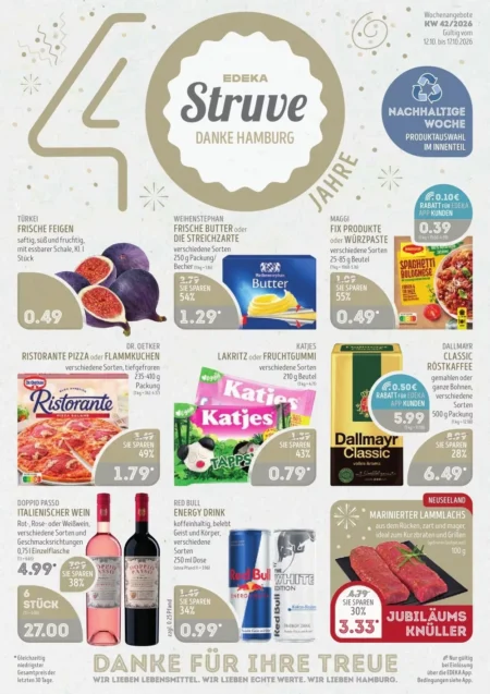 Edeka Struve Prospekt ab 12.10.2026 (KW 42) Edeka Struve Prospekt ab 12.10.2026 Seite 1 mit Feigen, Weihenstephan Butter, Maggi Fix, Ristorante Pizza, Katjes & Red Bull