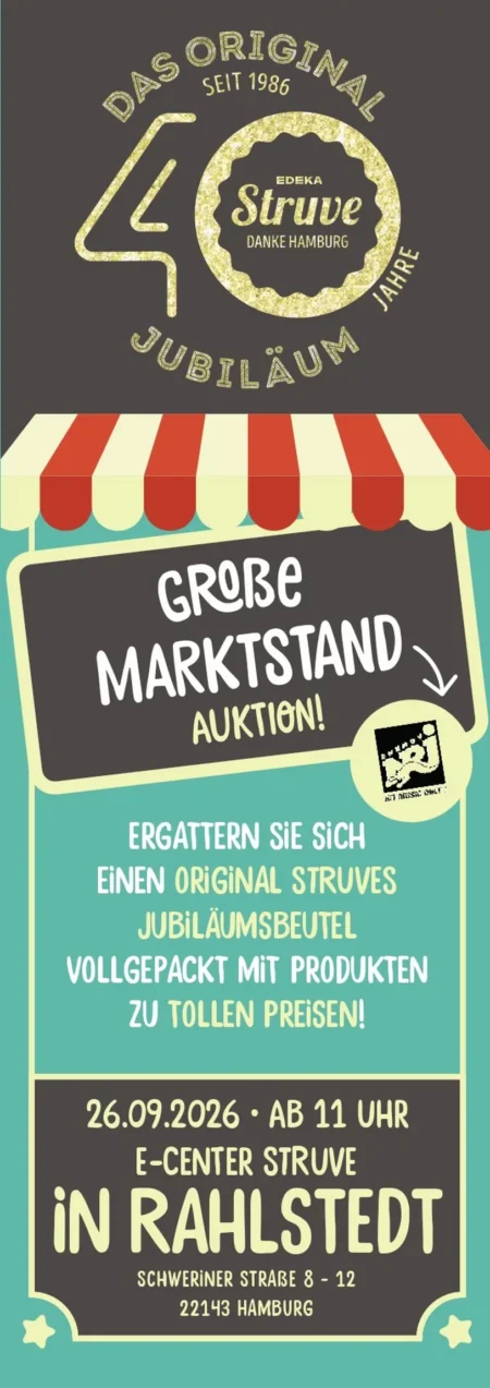 Edeka Struve Prospekt ab 21.09.2026 (KW 39) Edeka Struve Prospekt ab 21.09.2026 Seite 1 mit 40 Jahre Jubiläum, Marktstand Auktion und Jubiläumsbeutel