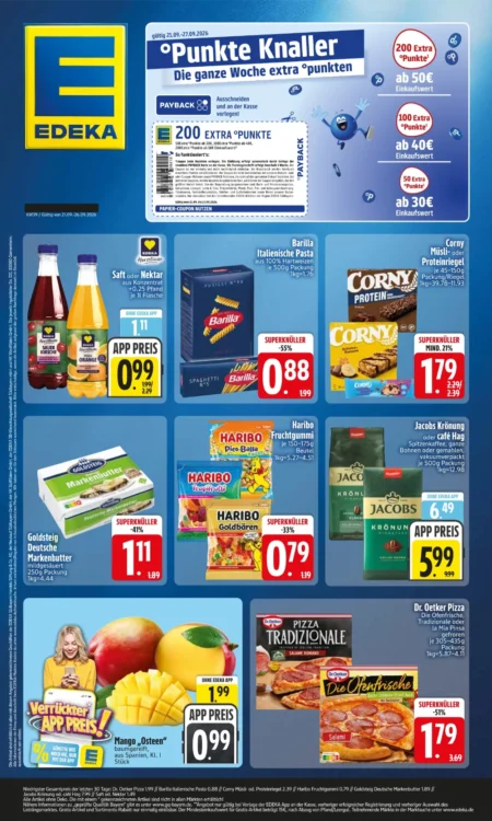 Edeka Südbayern Angebote im Prospekt ab 21.09.2026 (KW 39) Edeka Südbayern Angebote ab 21.09.2026 Seite 1 mit angeboten für Barilla Pasta, Haribo, Butter, Mango und Pizza.