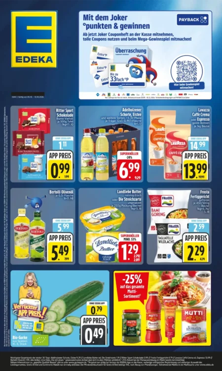 Edeka Südbayern Prospekt ab 05.10.2026 (KW 41) Edeka Südbayern Prospekt ab 05.10.2026 Seite 1 mit Ritter Sport, Lavazza Kaffee, Bertolli Olivenöl und Landliebe Butter