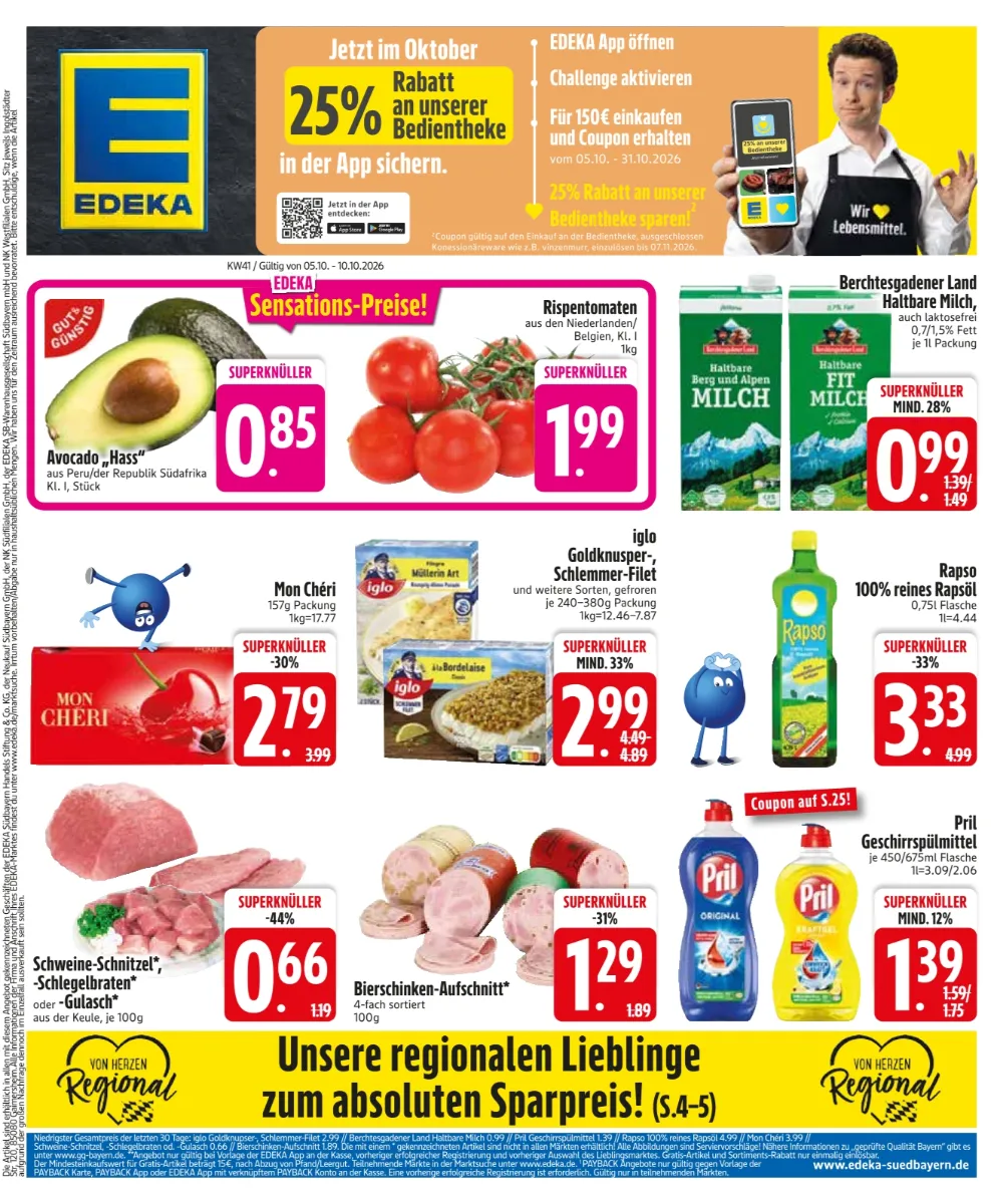 Edeka Südbayern Prospekt KW 41 Seite 3 mit Avocado, Rispentomaten, Berchtesgadener Milch, Mon Chéri und iglo Schlemmer-Filet