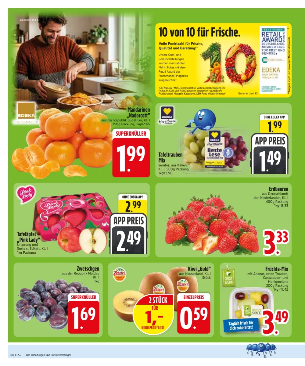 Edeka Südbayern Prospekt KW 41 Seite 4 mit Mandarinen, Tafeltrauben, Pink Lady Äpfeln, Erdbeeren, Zwetschgen und Kiwi Gold
