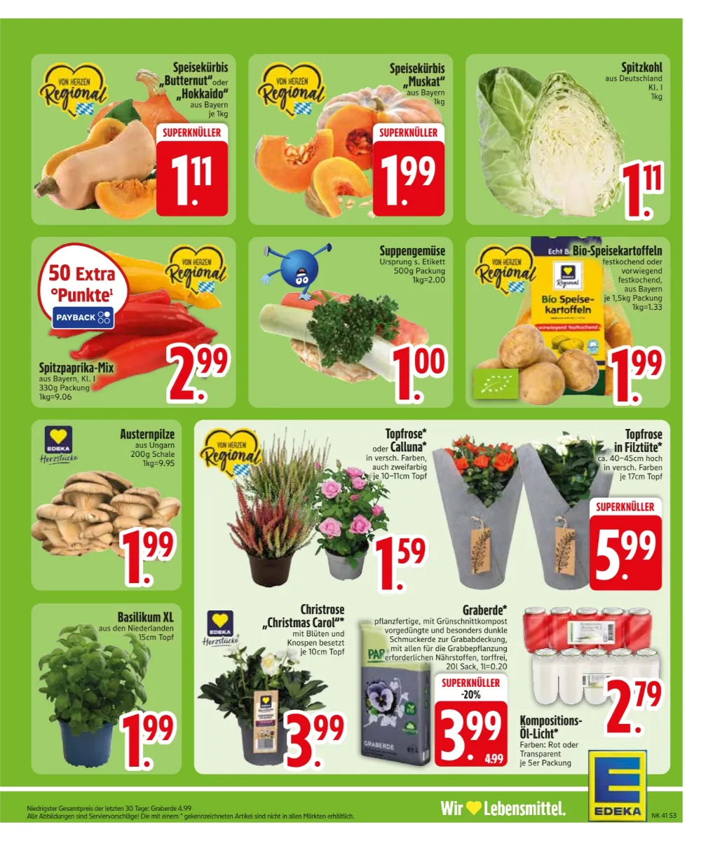 Edeka Südbayern Prospekt KW 41 Seite 5 mit Speisekürbis, Spitzkohl, Bio-Speisekartoffeln, Suppengemüse und Topfrose