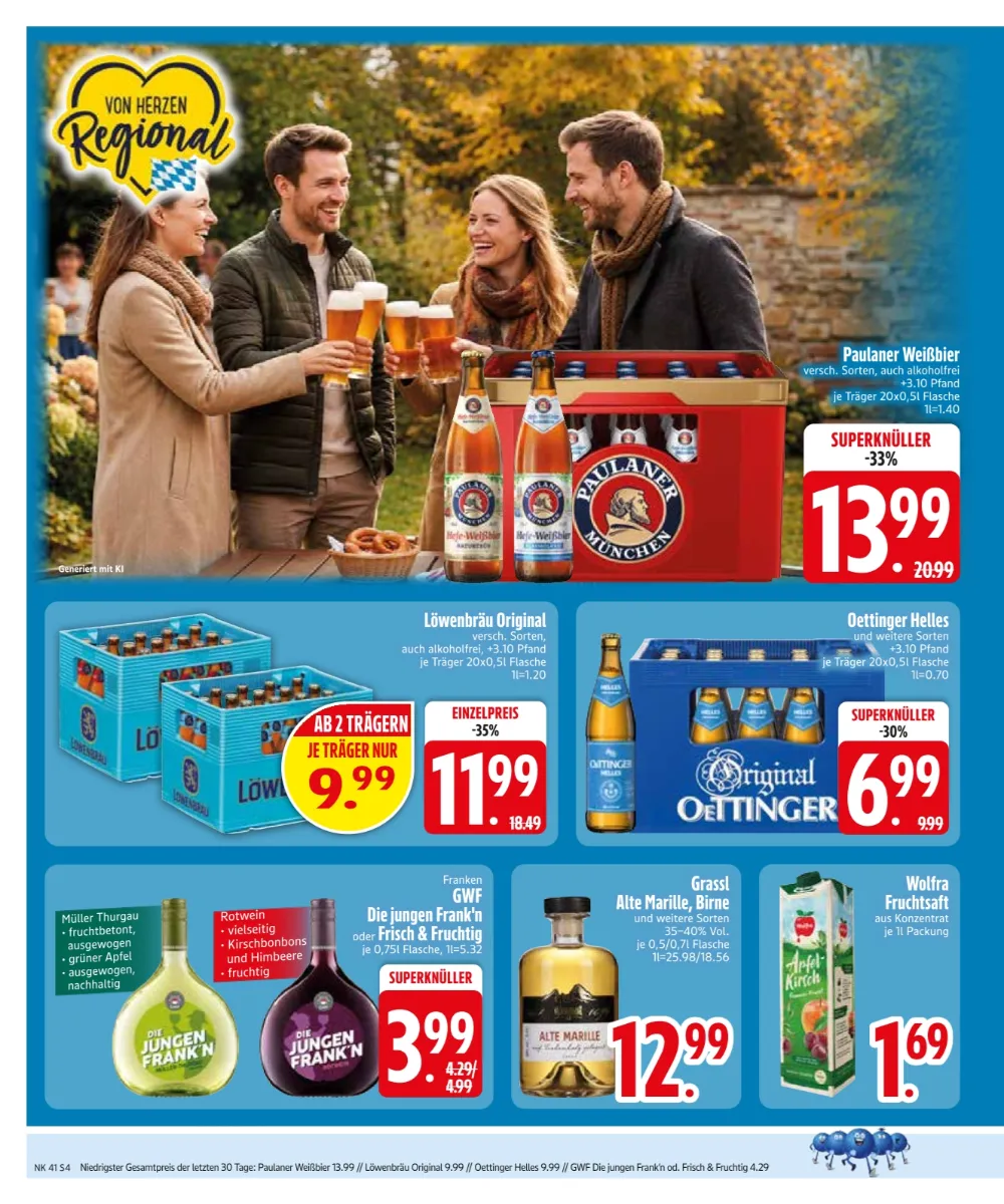 Edeka Südbayern Prospekt KW 41 Seite 6 mit Paulaner Weißbier, Löwenbräu Original, Oettinger Helles und Wolfra Fruchtsaft