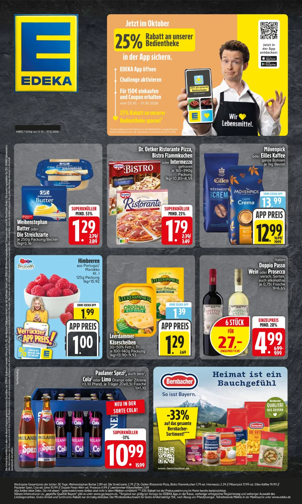 Edeka Südbayern Prospekt ab 12.10.2026 Seite 1 mit Weihenstephan Butter, Dr. Oetker Pizza, Leerdammer & Paulaner Spezi
