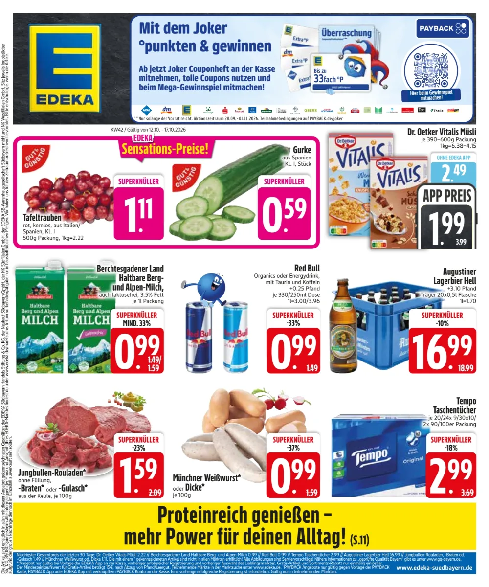 Edeka Südbayern Prospekt KW 42 Seite 3 mit Tafeltrauben, Gurke, Dr. Oetker Müsli, Rouladen & Münchner Weißwurst