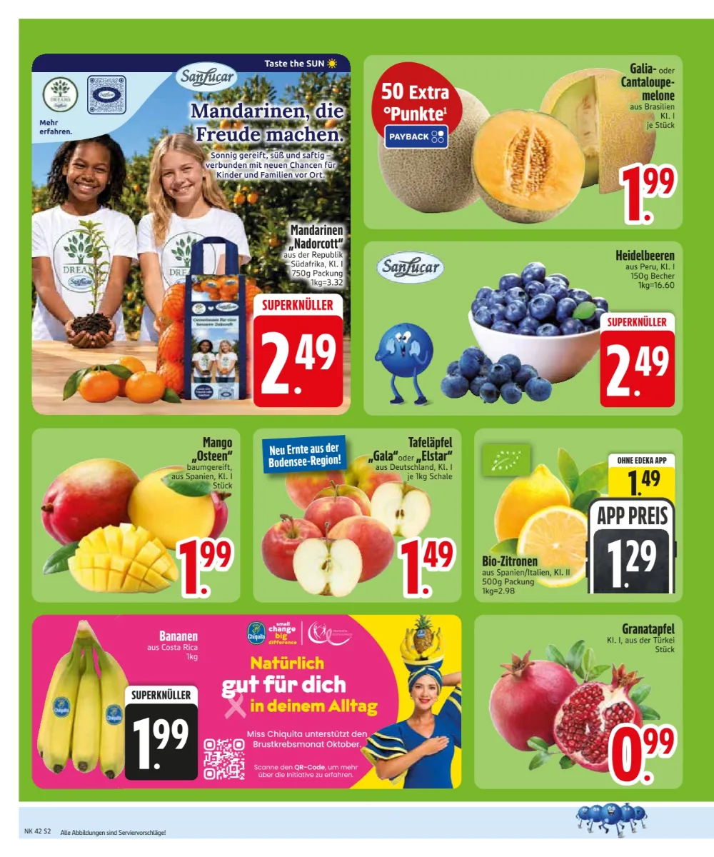 Edeka Südbayern Prospekt KW 42 Seite 4 mit Mandarinen Nadorcott, Galia Melone, Heidelbeeren, Äpfeln & Bananen