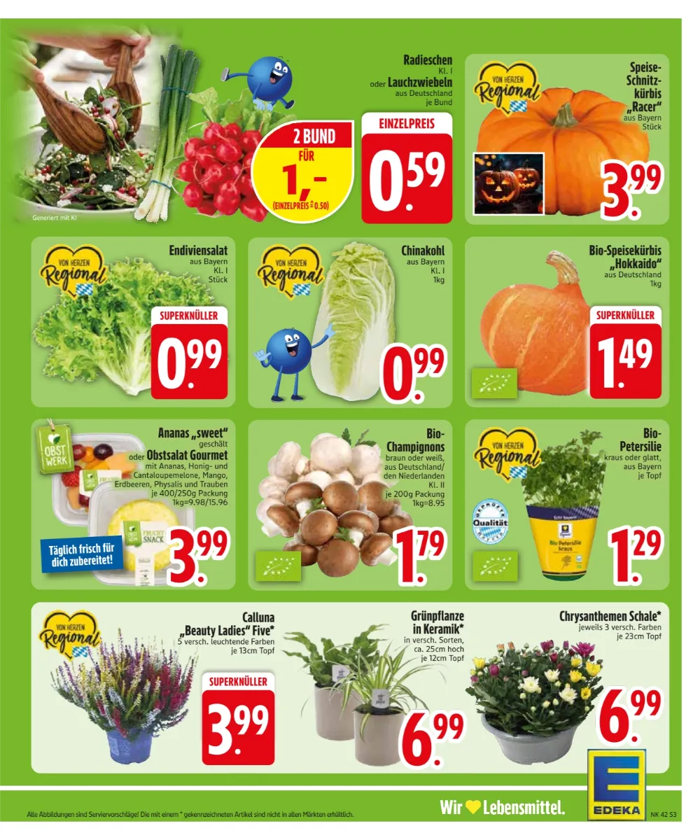 Edeka Südbayern Prospekt KW 42 Seite 5 mit Radieschen, Speise-Schnitzkürbis, Endiviensalat, Chinakohl & Bio-Pilzen