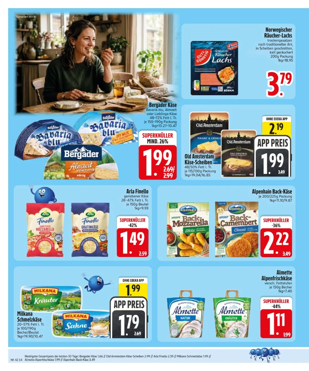 Edeka Südbayern Prospekt KW 42 Seite 6 mit Bergader Käse, Räucher-Lachs, Old Amsterdam, Arla Finello & Almette   