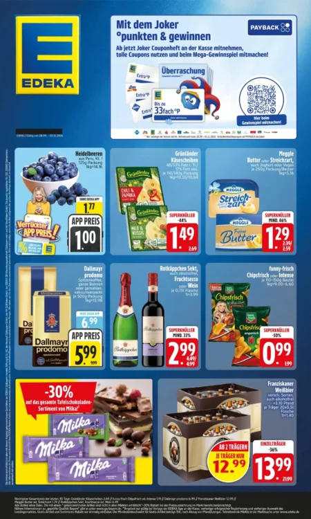 Edeka Südbayern Prospekt ab 28.09.2026 (KW 40) Edeka Südbayern Prospekt ab 28.09.2026 Seite 1 mit Heidelbeeren, Grünländer, Meggle Butter, Dallmayr, Rotkäppchen und Milka.