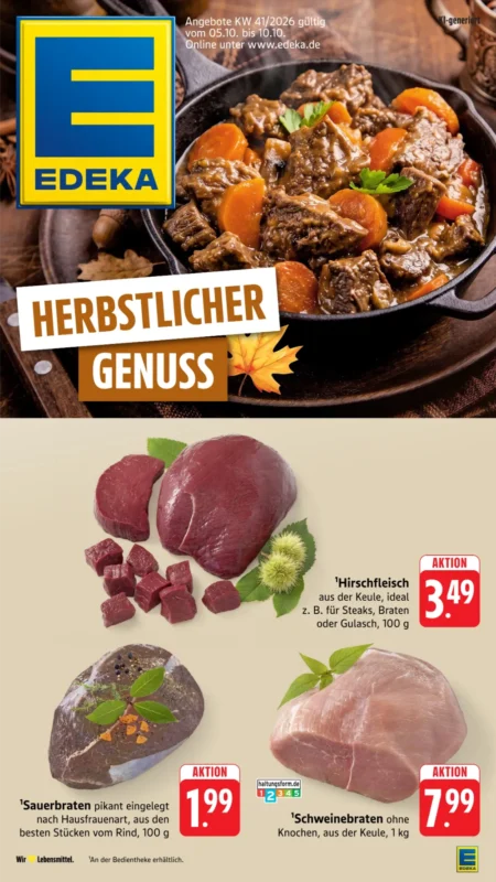 Edeka Südwest Prospekt ab 05.10.2026 (KW 41) Edeka Südwest Prospekt ab 05.10.2026 Seite 1 mit Hirschfleisch, Sauerbraten und Schweinebraten