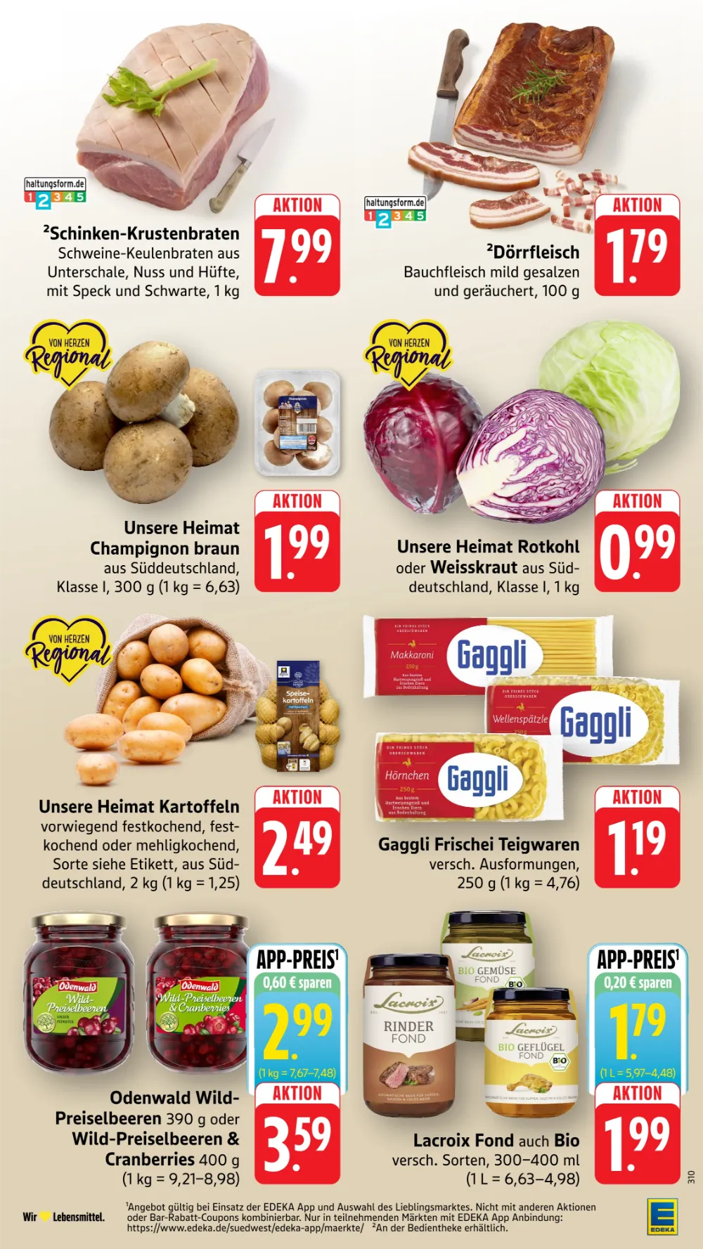 Edeka Südwest Prospekt KW 41 Seite 2 mit Schinken-Krustenbraten, Dörrfleisch, Champignons, Kartoffeln und Lacroix Fond