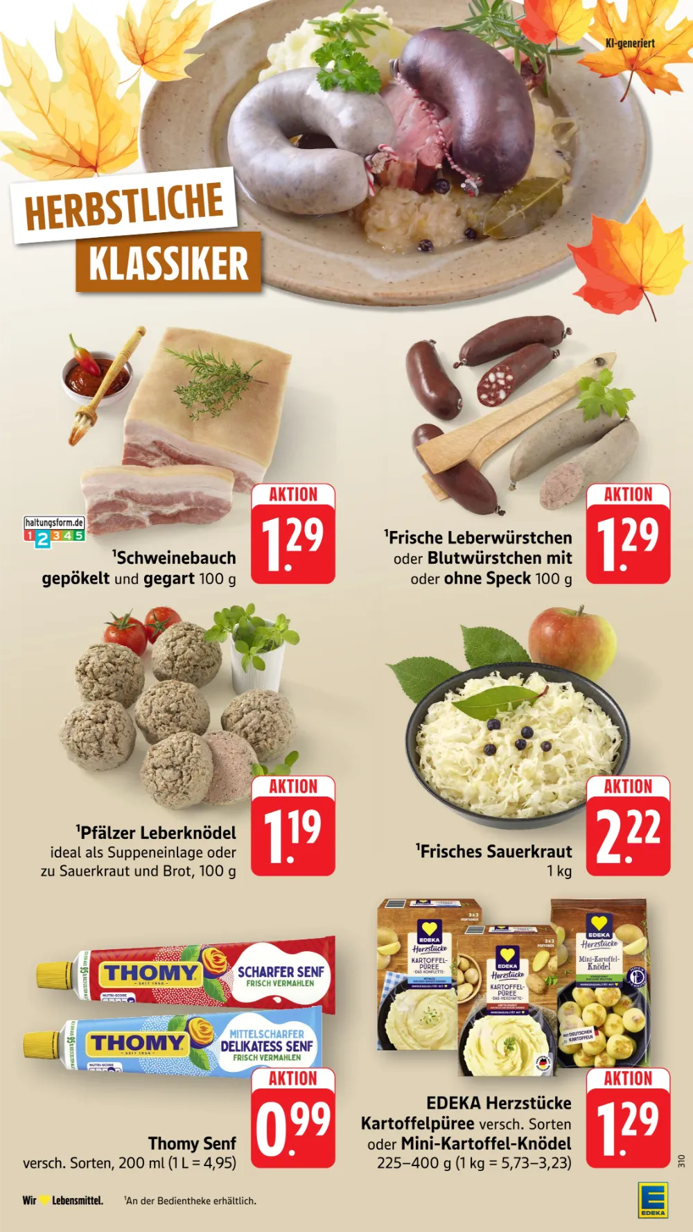 Edeka Südwest Prospekt KW 41 Seite 3 mit Schweinebauch, Leberwürstchen, Leberknödel, Sauerkraut, Thomy Senf und Kartoffelpüree