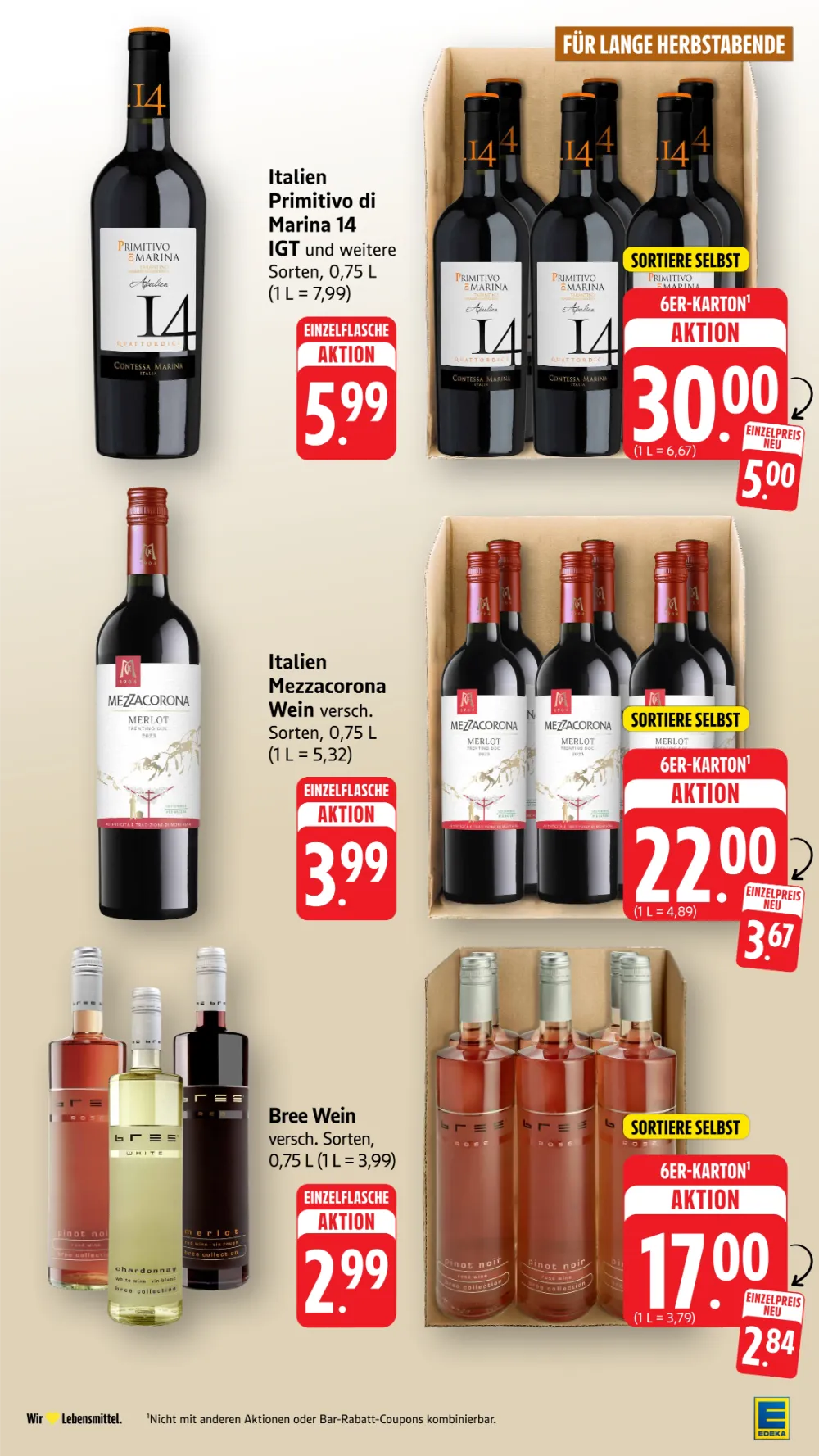 Edeka Südwest Prospekt KW 41 Seite 4 mit Primitivo di Marina 14, Mezzacorona Wein und Bree Wein