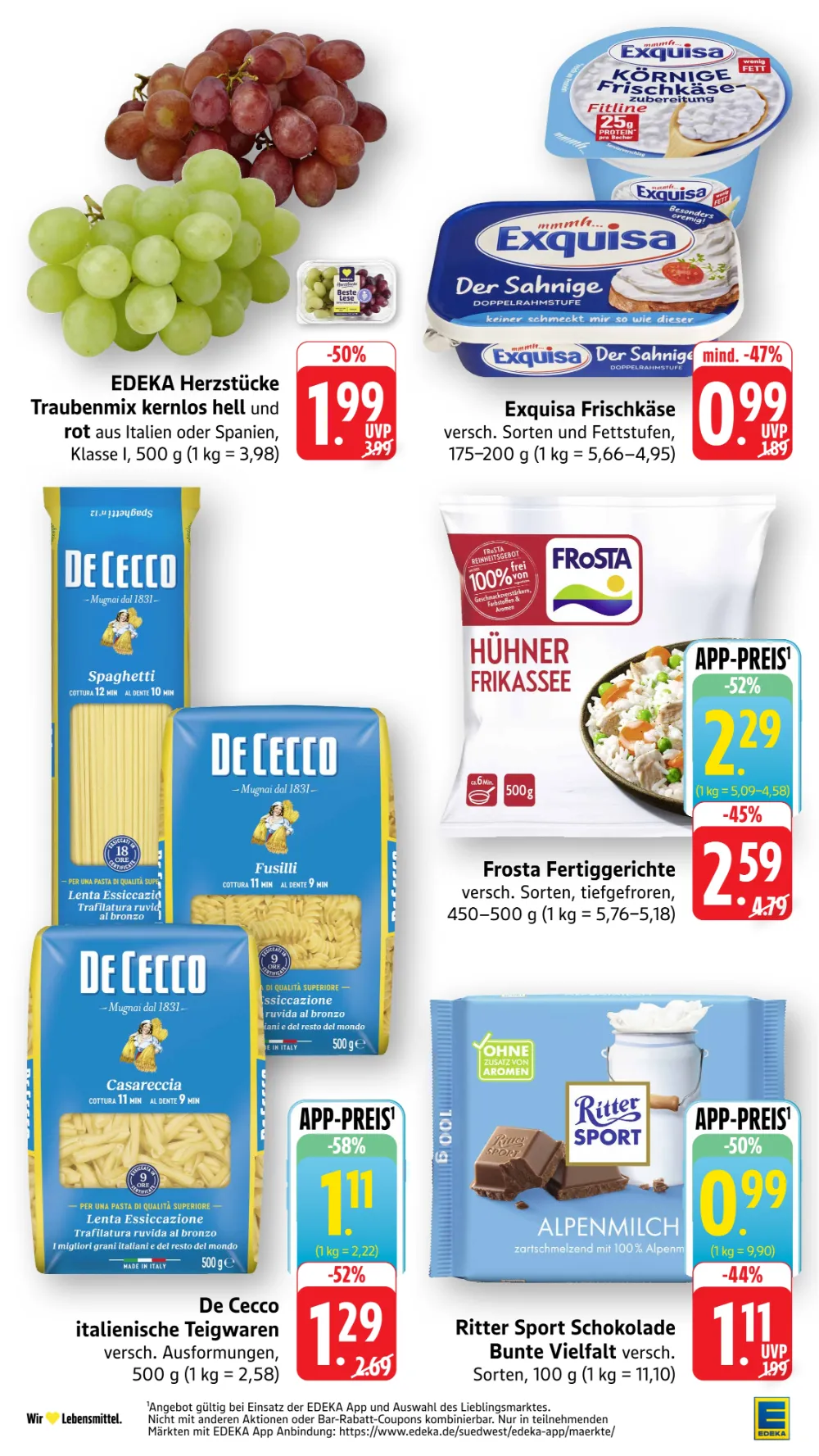 Edeka Südwest Prospekt KW 41 Seite 6 mit Traubenmix, Exquisa Frischkäse, De Cecco Pasta, Frosta und Ritter Sport