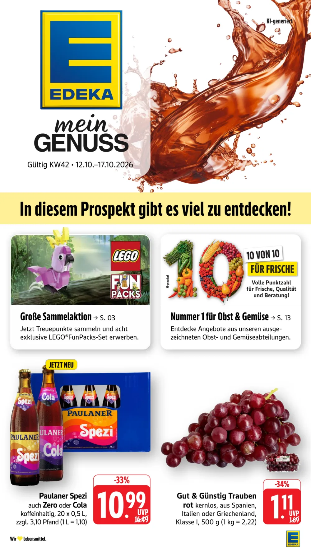 Edeka Südwest Prospekt ab 12.10.2026 Seite 1 mit Paulaner Spezi, Paulaner Spezi Zero, Paulaner Cola & Trauben rot