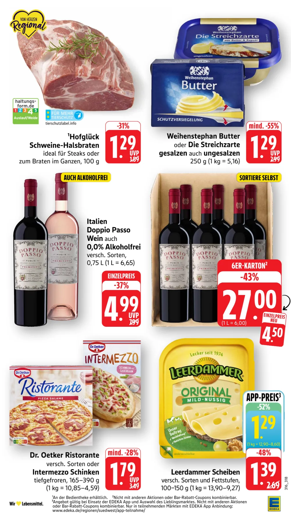 Edeka Südwest Prospekt KW 42 Seite 2 mit Schweine-Halsbraten, Weihenstephan Butter, Doppio Passo, Ristorante & Leerdammer