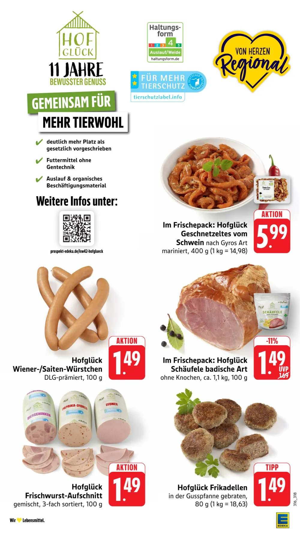 Edeka Südwest Prospekt KW 42 Seite 4 mit Hofglück Geschnetzeltem, Wiener Würstchen, Schäufele & Frikadellen