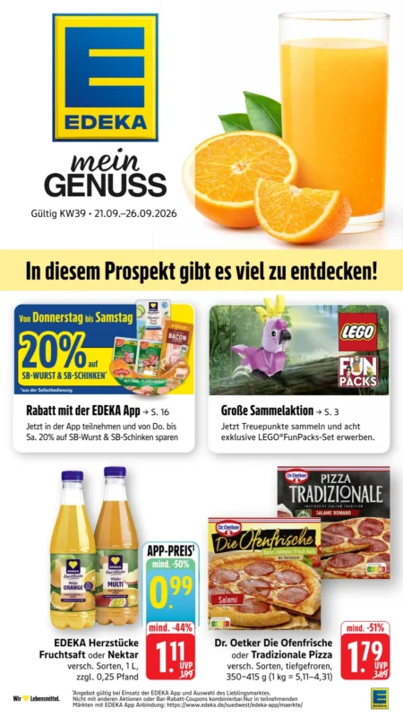 Edeka Südwest Prospekt ab 21.09.2026 (KW 39) Edeka Südwest Prospekt ab 21.09.2026 Seite 1 mit Fruchtsaft, Nektar, Dr. Oetker Pizza und Lego Fun Packs.