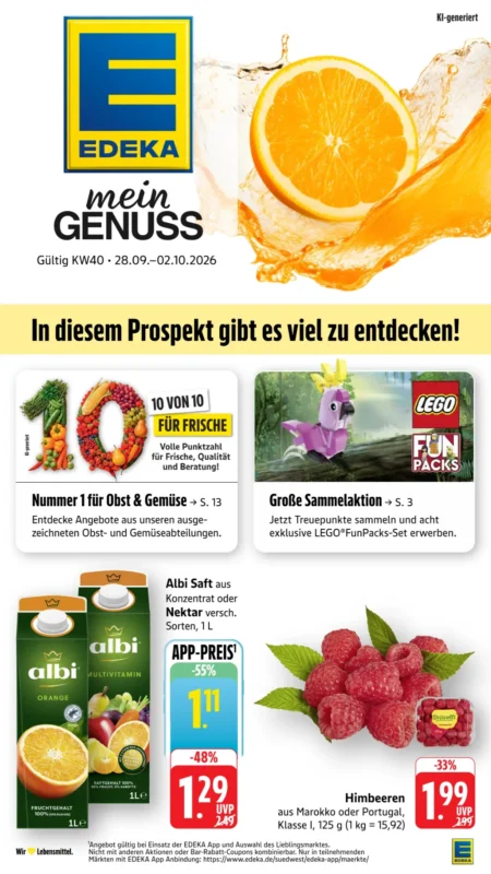 Edeka Südwest Prospekt ab 28.09.2026 (KW 40) Edeka Südwest Prospekt ab 28.09.2026 Seite 1 mit Orangen, LEGO Fun Packs, Albi Saft und Himbeeren.