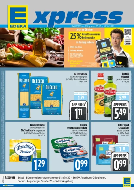 Edeka Xpress Prospekt ab 05.10.2026 (KW 41) Edeka Xpress Prospekt ab 05.10.2026 Seite 1 mit De Cecco Pasta, Bertolli Olivenöl, Landliebe Butter, Exquisa und Ritter Sport