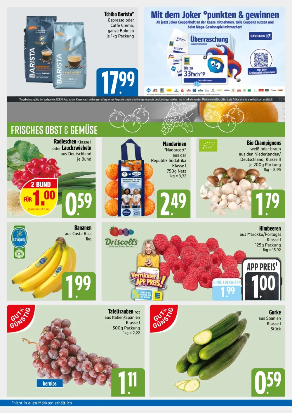 Edeka Xpress Prospekt KW 42 Seite 3 mit Radieschen, Lauchzwiebeln, Mandarinen, Bio Champignons, Bananen & Himbeeren