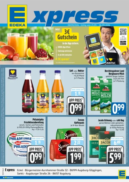 Edeka Xpress Prospekt ab 21.09.2026 (KW 39) Edeka Xpress Prospekt ab 21.09.2026 Seite 1 mit EDEKA Herzstücke Saft, Bergbauern Milch, Philadelphia und Senseo Kaffeepads.