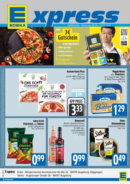 Edeka Xpress Prospekt ab 28.09.2026 (KW 40) Edeka Xpress Prospekt ab 28.09.2026 Seite 1 mit Gustavo Gusto Pizza, Meggle Butter, Chipsfrisch und Ramazzotti.