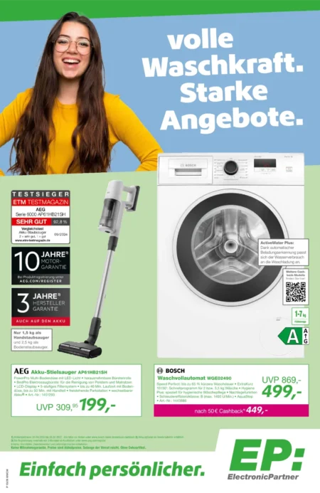 ElectronicPartner Prospekt (EP) ab 29.09.2026 (KW 40– 41) EP Angebote ab 29.09.2026 Seite 1 mit Angeboten für AEG Akku-Stielsauger und Bosch Waschvollautomat.