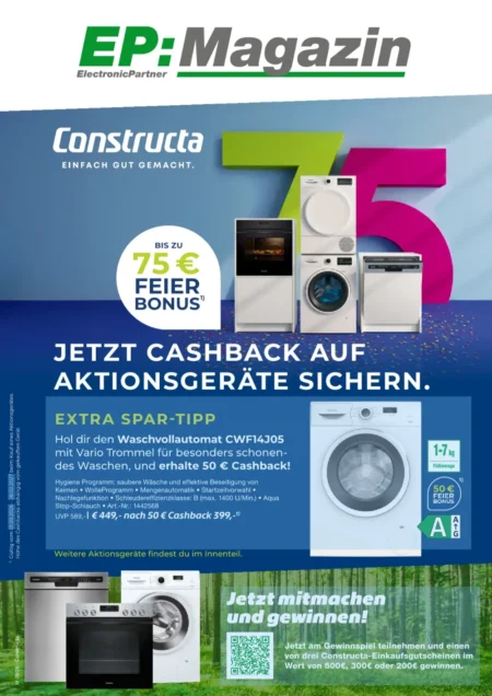 ElectronicPartner Prospekt (EP) ab 14.10.2026 (KW 42– 43) EP:Magazin Prospekt ab 14.10.2026 Seite 1 mit Constructa Waschvollautomat CWF14J05, Cashback & Aktionsgeräten
