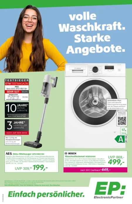 ElectronicPartner Prospekt (EP) ab 16.09.2026 (KW 38– 39) ElectronicPartner Prospekt ab 16.09.2026 Seite 1 mit AEG Akku-Staubsauger und Bosch Waschmaschine