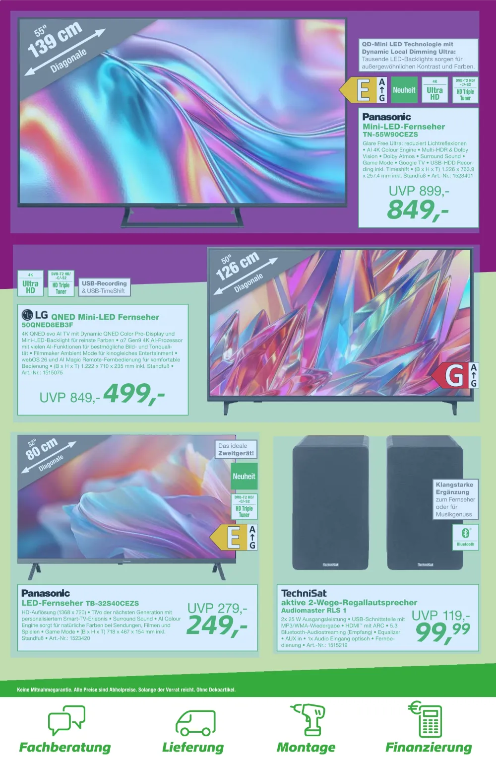 ElectronicPartner Prospekt KW40/41 Seite 2 mit Panasonic Mini-LED-Fernseher, LG QNED-TV und TechniSat Lautsprecher.