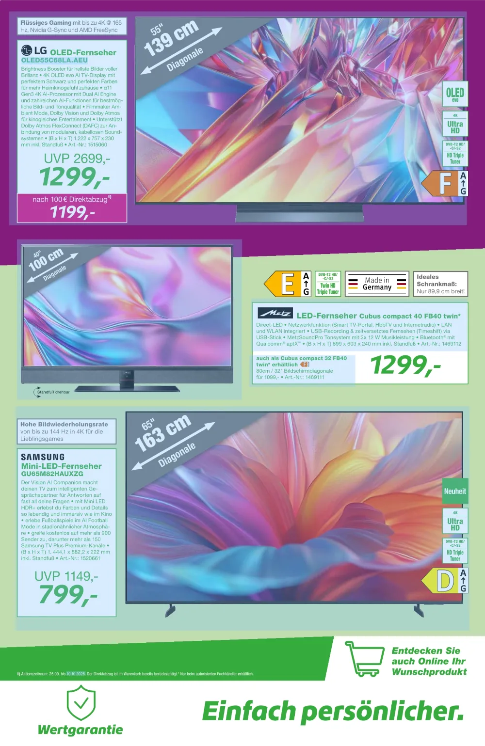 ElectronicPartner Prospekt KW40/41 Seite 3 mit LG OLED-Fernseher, Metz TV und Samsung Mini-LED-Fernseher.