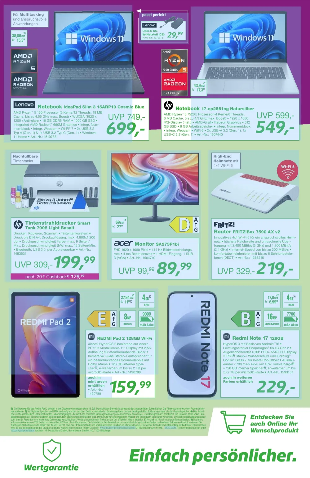 ElectronicPartner Prospekt KW40/41 Seite 5 mit Lenovo Notebook, HP Drucker, FritzBox Router und Redmi Note 17.