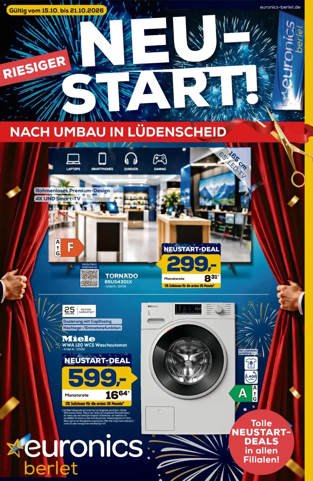 Euronics Berlet Prospekt ab 15.10.2026 Seite 1 mit Tornado 65US4301X & Miele WWA 120 WCS Waschautomat