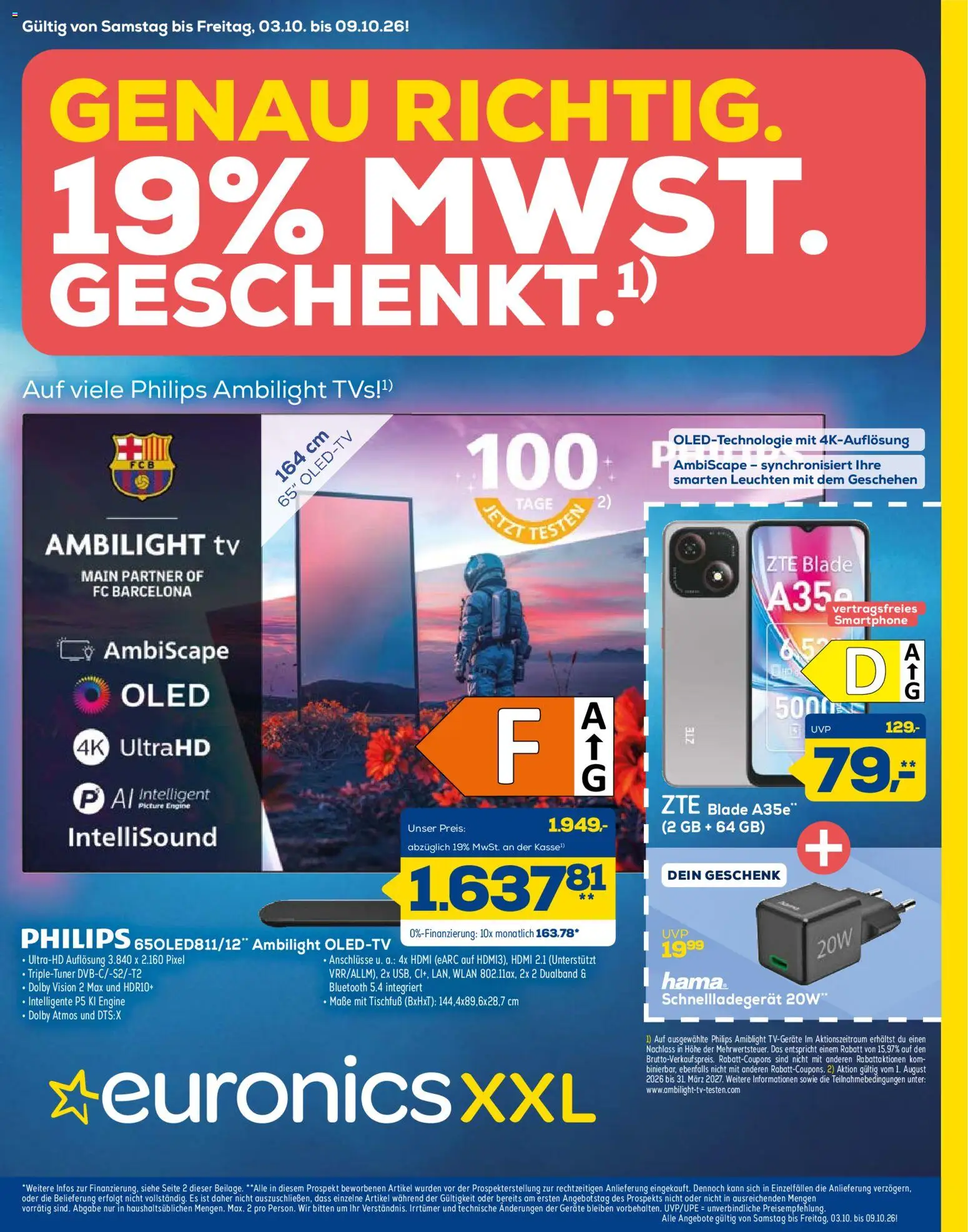Euronics XXL Angebote ab 03.10.2026 Seite 1 mit Angeboten für Philips Ambilight OLED-TV, ZTE Blade A35e & Schnellladegerät