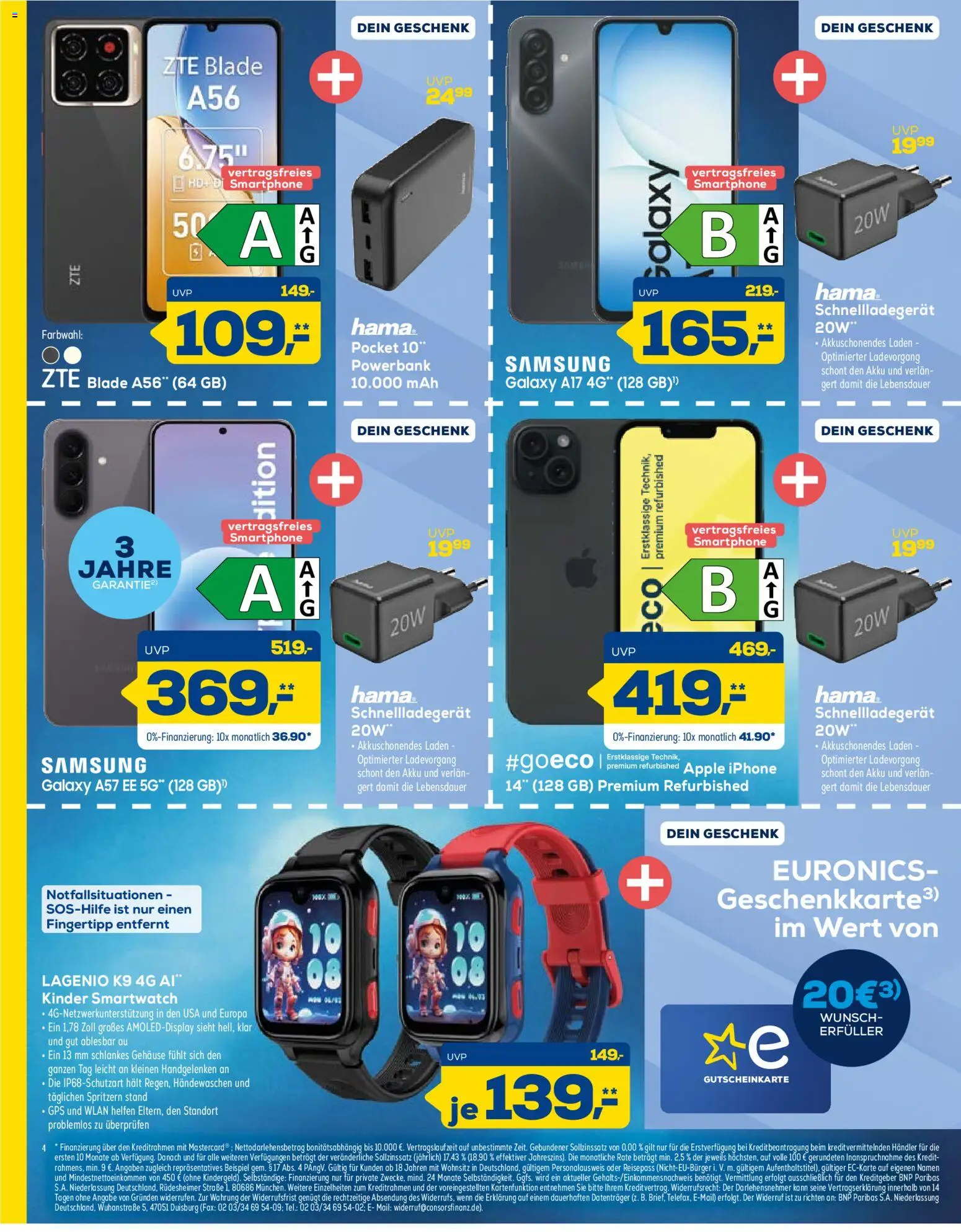Euronics XXL Angebote KW 41 Seite 4 mit Angeboten für ZTE Blade A56, Samsung Galaxy A17, Apple iPhone 14 & Smartwatch