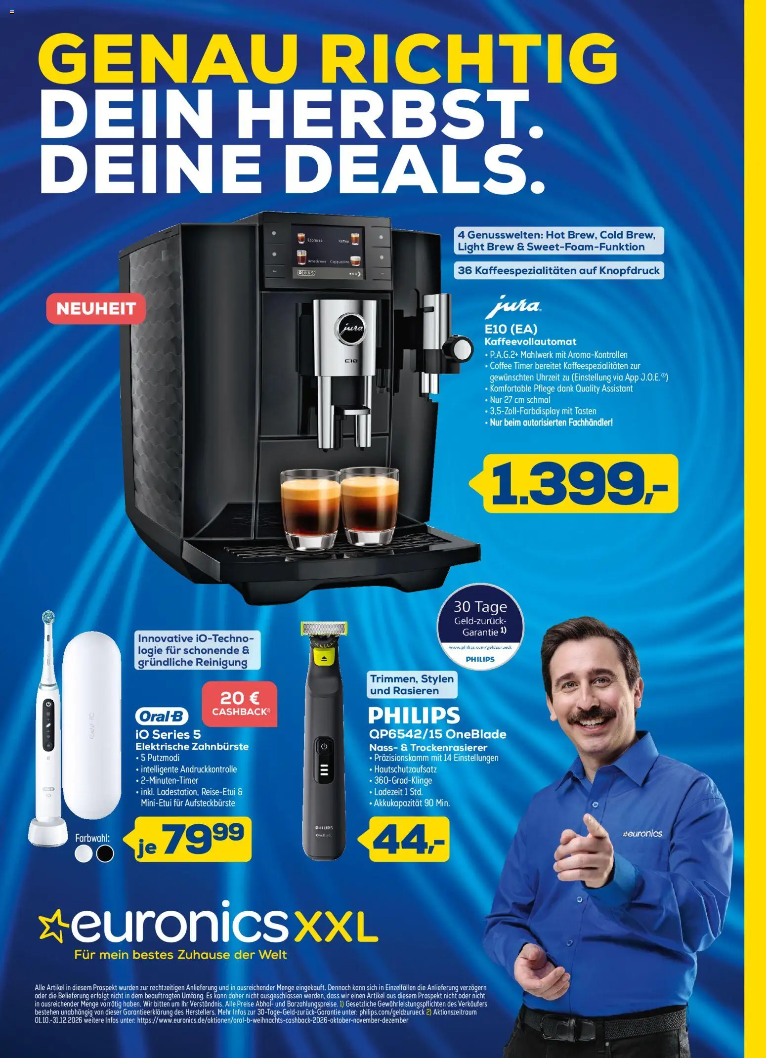 Euronics XXL Prospekt ab 14.10.2026 Seite 1 mit Jura E10 Kaffeevollautomat, Oral-B iO Series 5 & Philips OneBlade