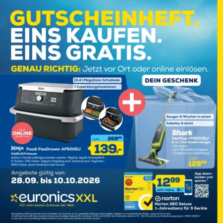 Euronics XXL Prospekt Prospekt ab 28.09.2026 (KW 40–41) Euronics XXL Prospekt ab 28.09.2026 Seite 1 mit Ninja Heißluftfritteuse, Shark Hartbodenreiniger und Norton 360.