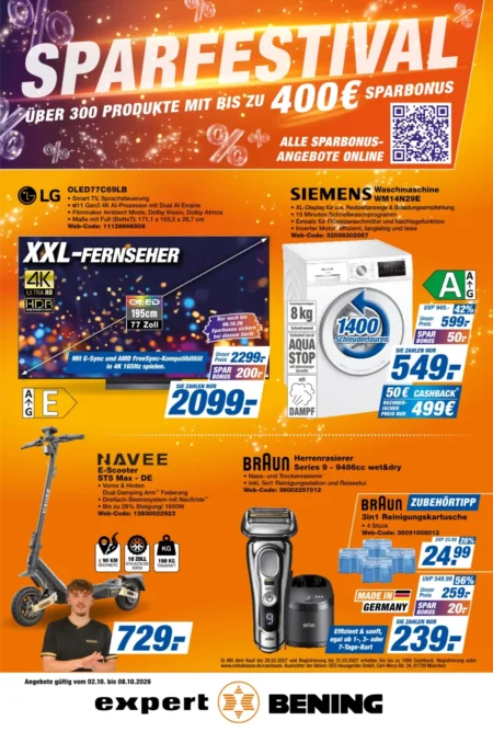 Expert Bening Prospekt ab 02.10.2026 (KW 41) Expert Bening Angebote ab 02.10.2026 Seite 1 mit Angeboten für LG OLED TV, Siemens Waschmaschine, E-Scooter und Braun Rasierer