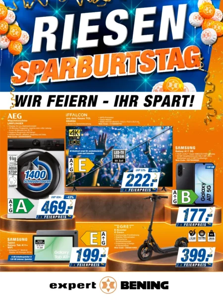 Expert Bening Prospekt ab 09.10.2026 (KW 42) Expert Bening Prospekt ab 09.10.2026 Seite 1 mit AEG Waschmaschine, iFFALCON TV, Galaxy A17 & Egret E-Scooter